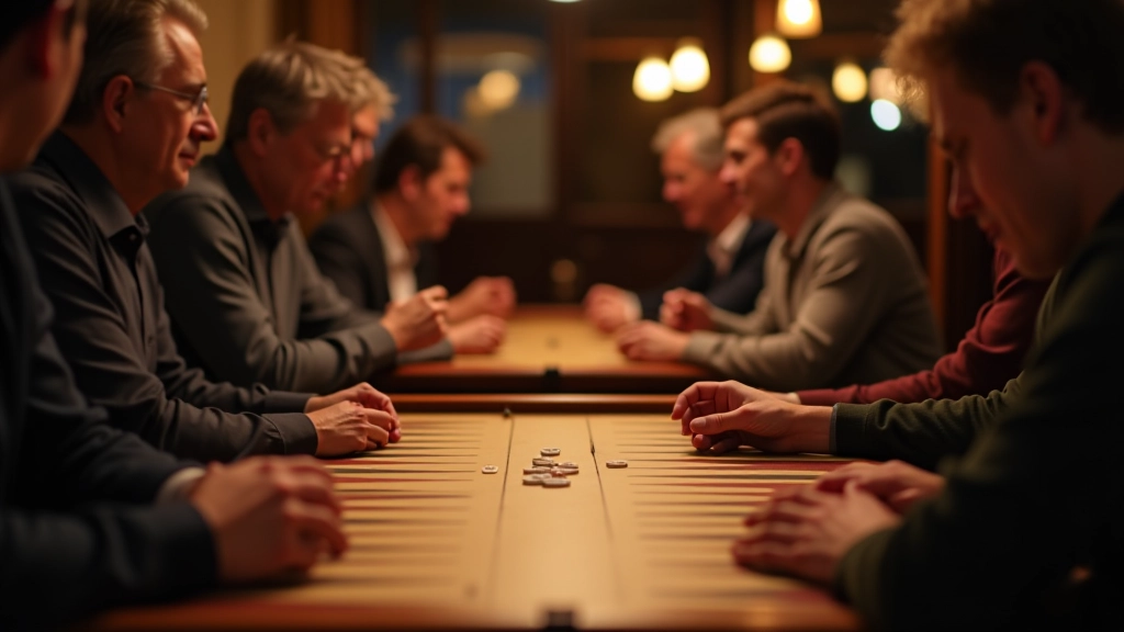 Casual social gathering with multiple backgammon boards and players interacting between matches