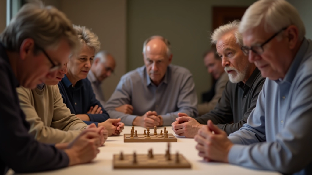 Four players of different ages sitting at table, examining game board and discussing strategy moves